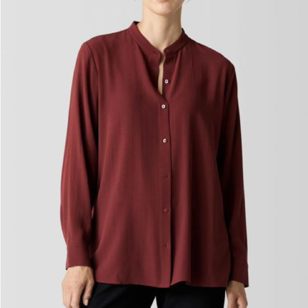 Eileen Fisher Long Sleeve Button Up Band Collar Silk Shirt